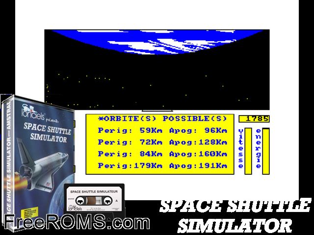 Space Shuttle Simulateur (F) (19xx) [a1] Amstrad CPC game showing 3D box cover and gameplay screenshot